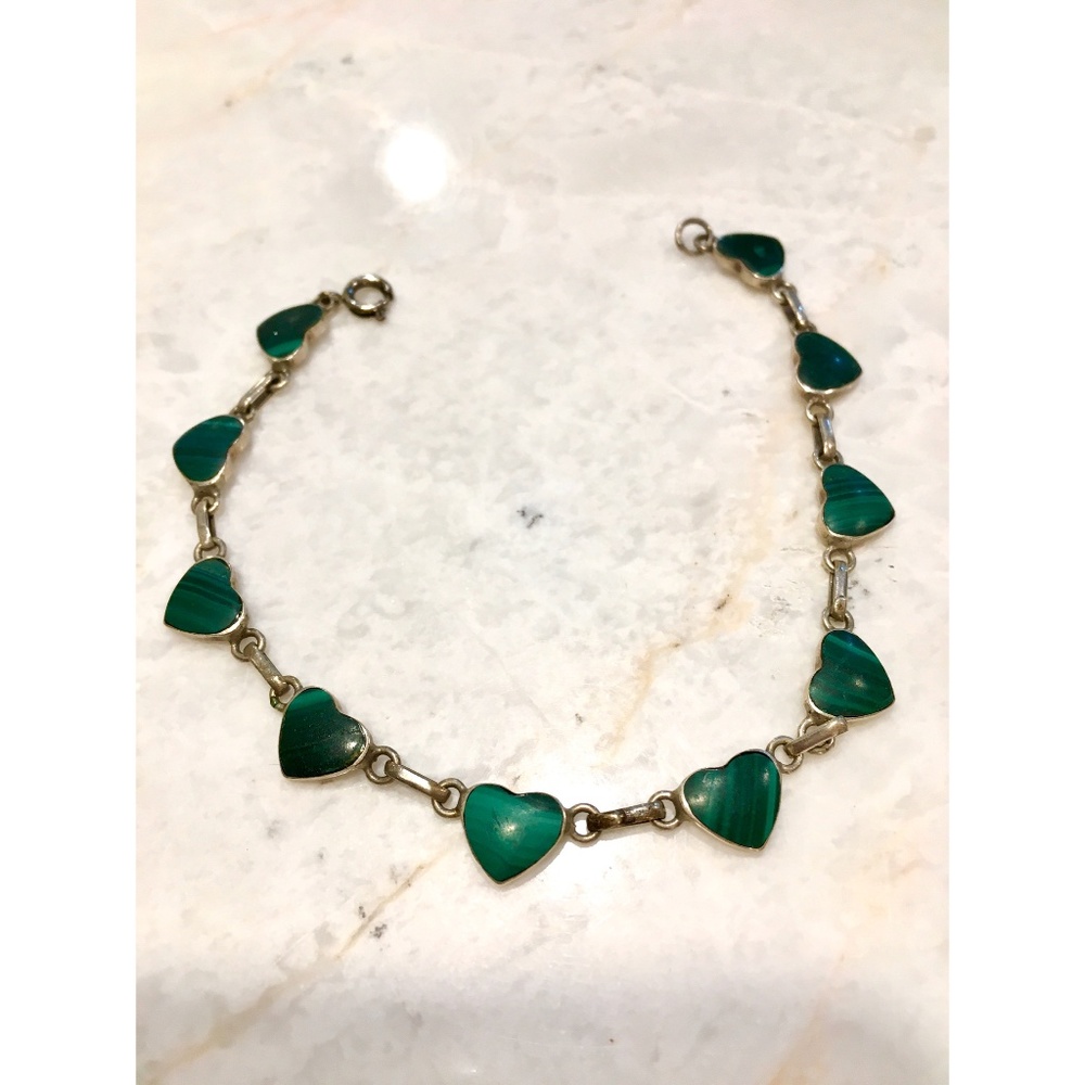 Vintage 925 Silver Malachite Heart Bracelet